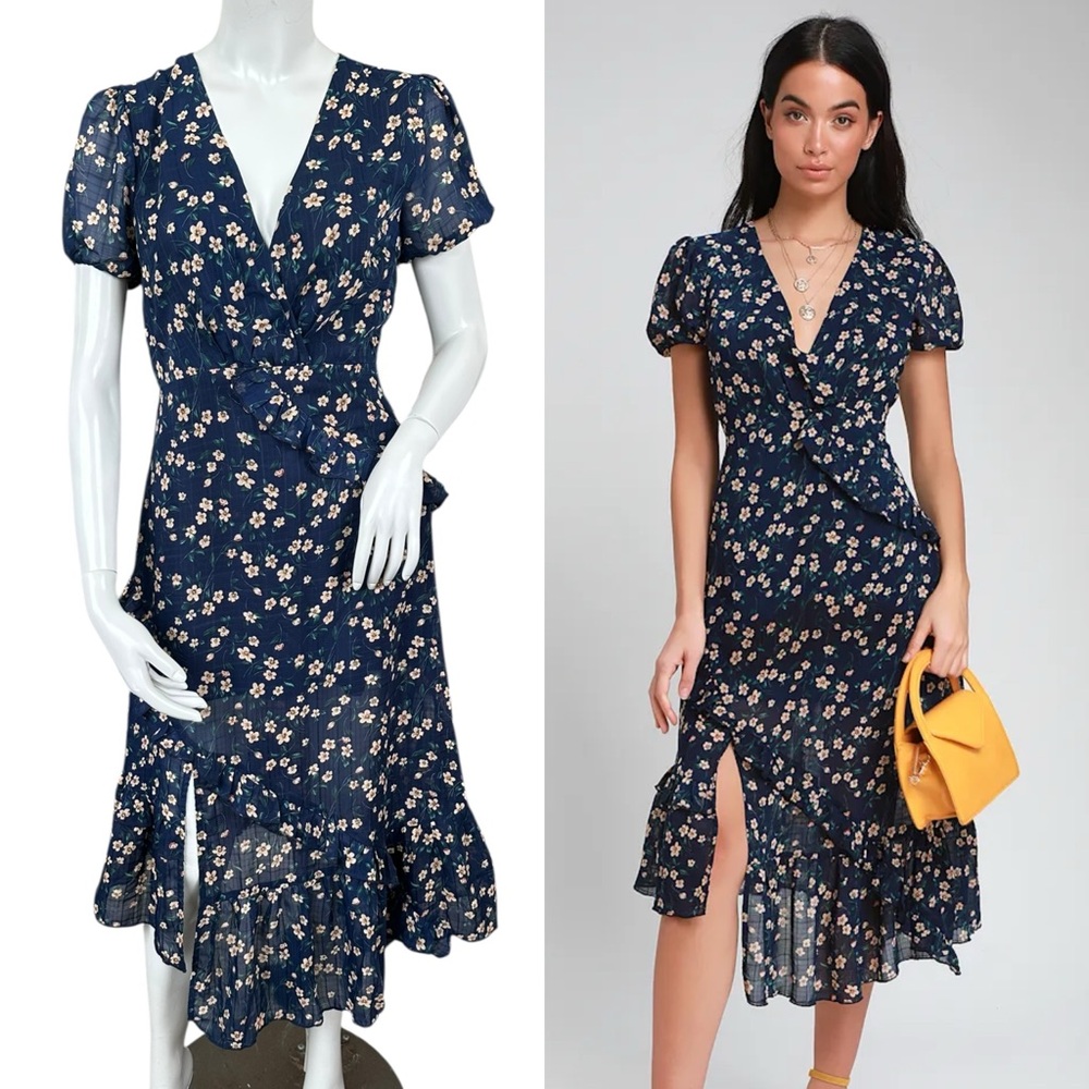 Lulus Petals and Poetry Navy Blue Floral Print Ruffled Midi Dress Size Small